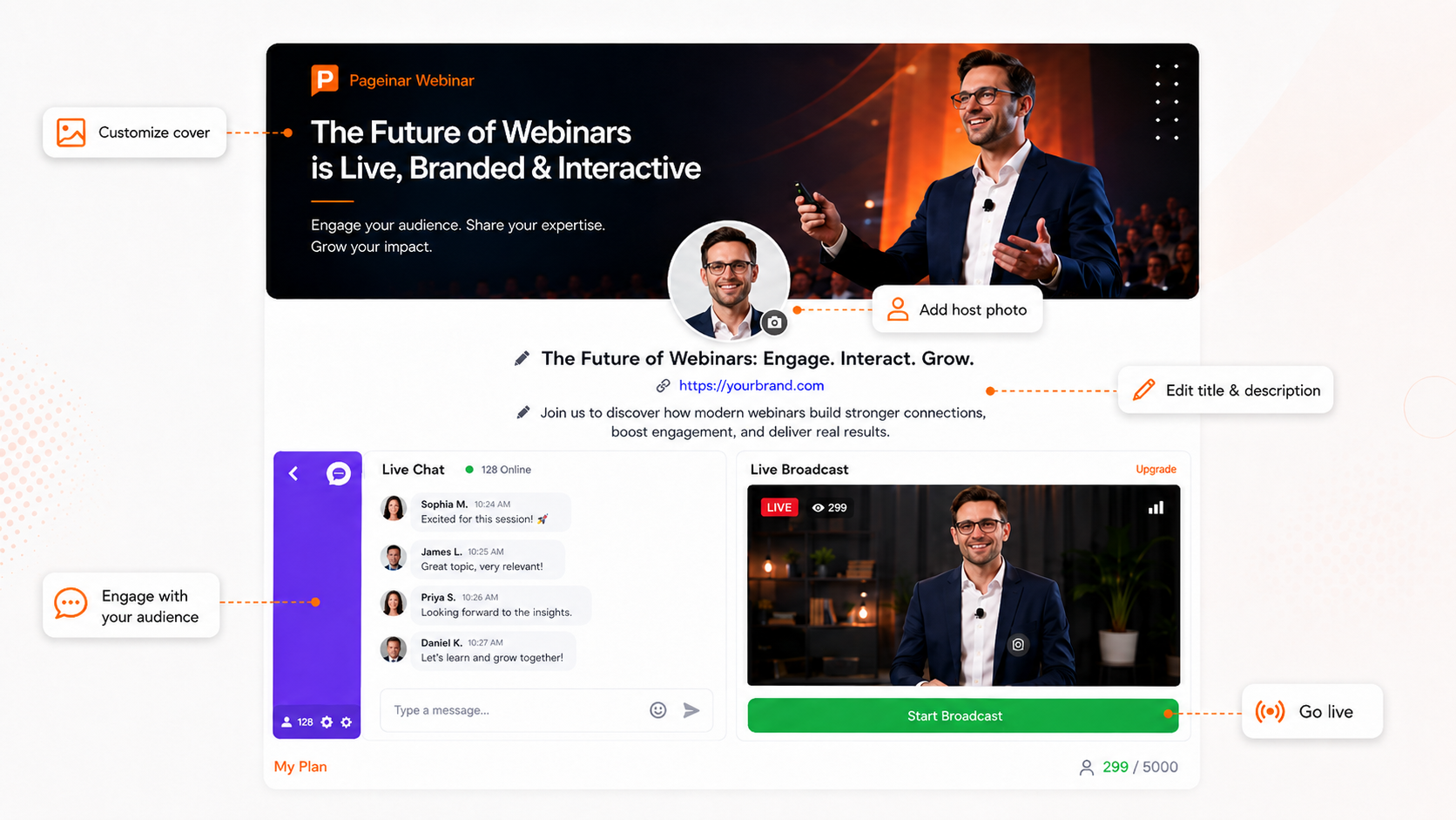 Pageinar branded webinar platform — live video streaming, group chat, and custom landing page for online events